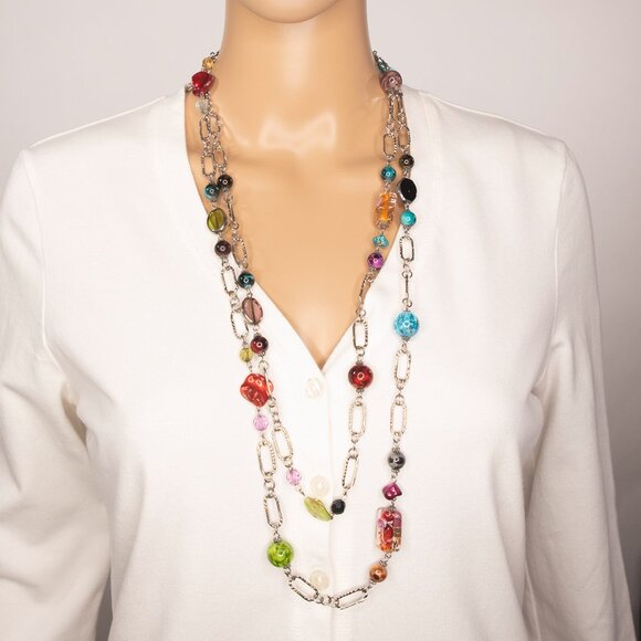 Long Necklace With Chains And Colorful Faux Stones - Picture 1 of 15